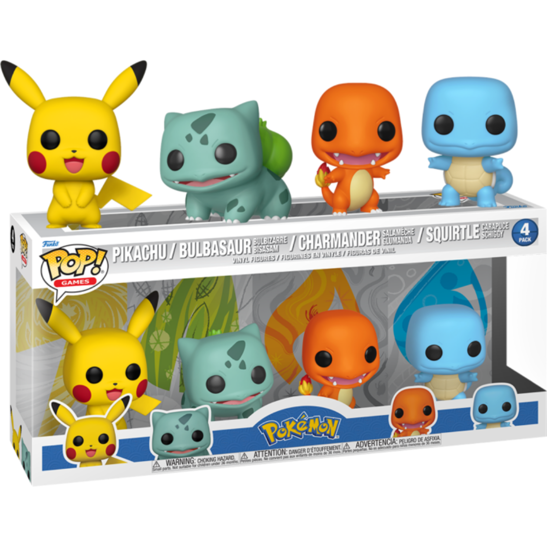 
                  
                    Pokemon - Pikachu, Bulbasaur, Charmander & Squirtle (Starters) Pop! Vinyl 4-Pack
                  
                