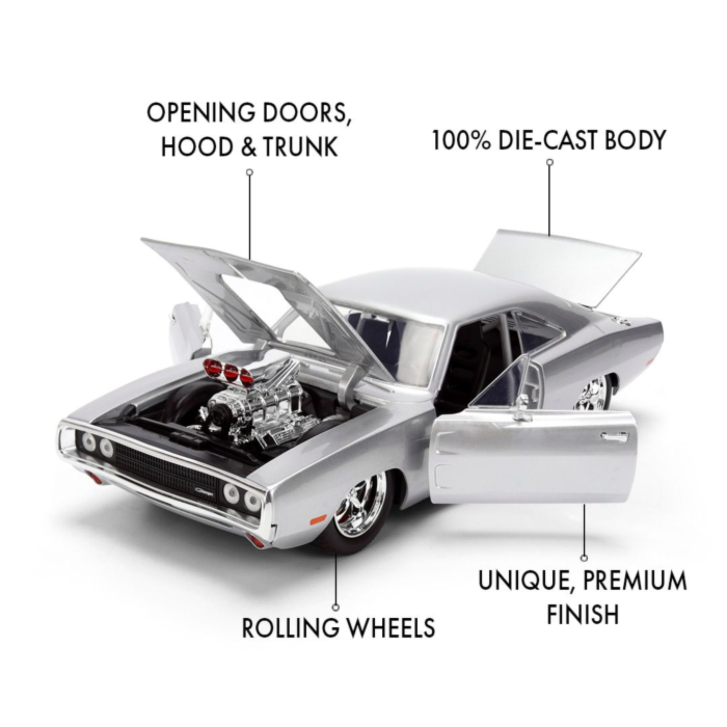 
                  
                    Fast & Furious - 1970 Dodge Charger (Silver Finish) 1/24th Scale Die-Cast Vehicle Replica
                  
                