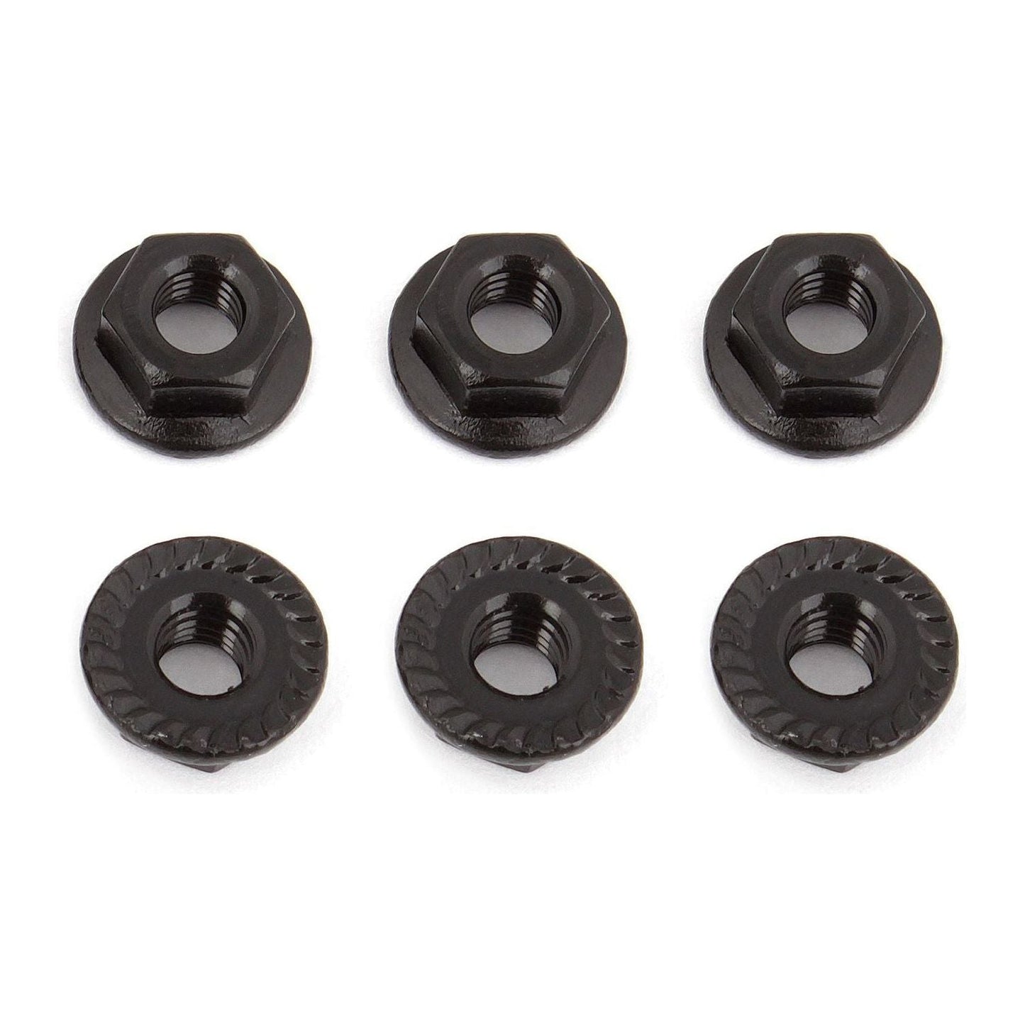 Wheel Nuts, M4, Serrated, flanged, black steel
