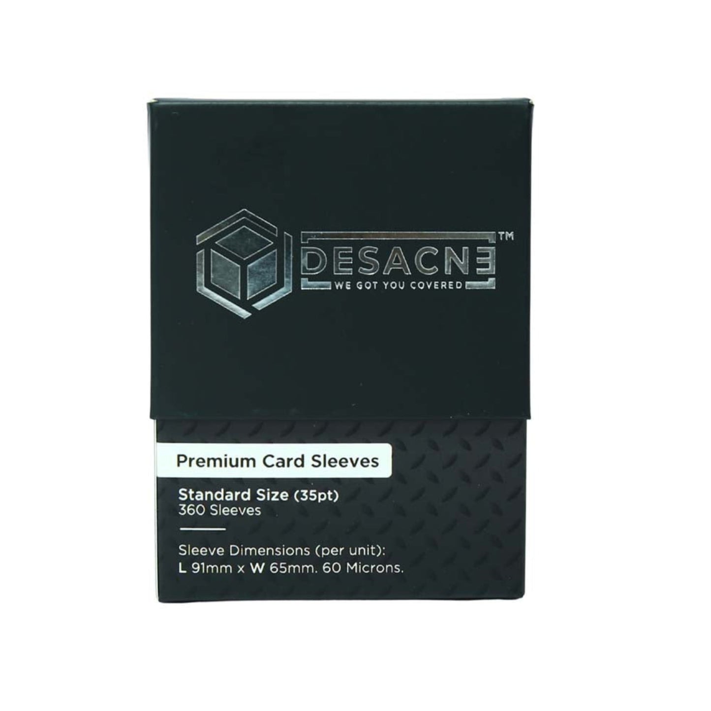 Black box of Desacne premium card sleeves with branding and product details.