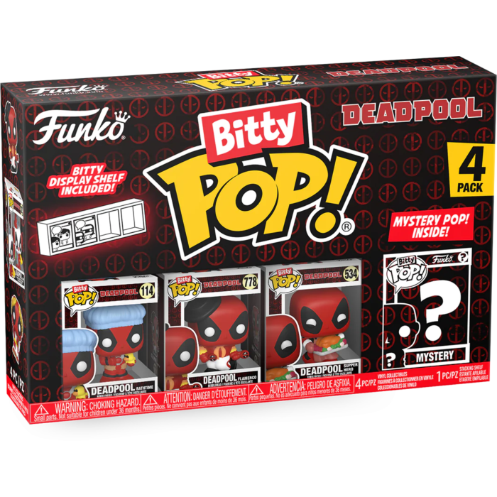 
                  
                    Deadpool - Deadpool (Bathtime), Deadpool (Flamenco), Deadpool (Supper Hero) & Mystery Bitty Pop! Vinyl Figure 4-Pack
                  
                