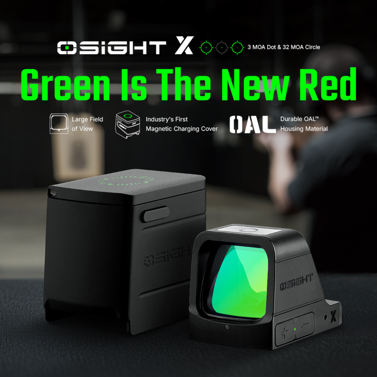 
                  
                    Osight X Open Green 3 MOA Dot & 32 MOA Circle Sight with Magnetic Charging Cover and Large Window
                  
                
