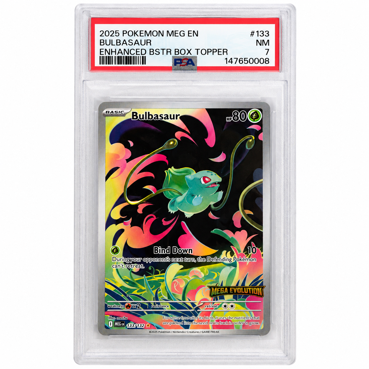 2025 Pokémon Mega Evolution Bulbasaur #133/132 Enhanced Booster Box Topper PSA 7 NM